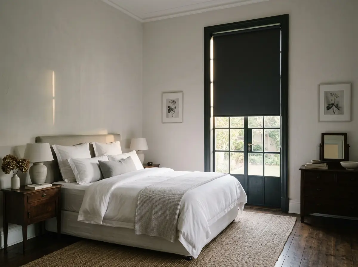Blockout roller blind drawn against a steel-frame window in a Houghton Estate bedroom