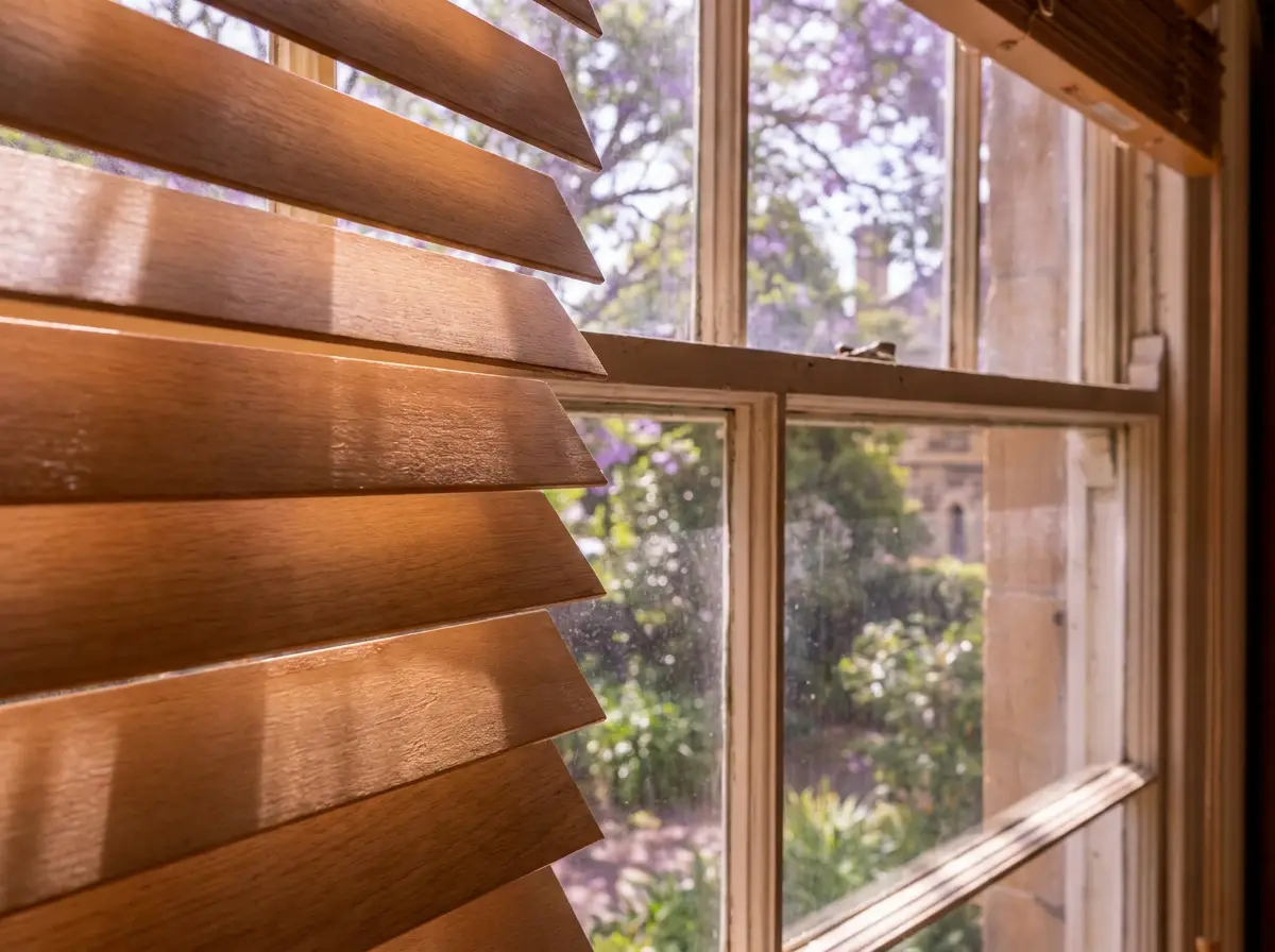 Natural timber venetian slats tilted open at an old painted sash window in a Houghton Estate house, the jacaranda and a neighbouring chimney soft beyond the glass