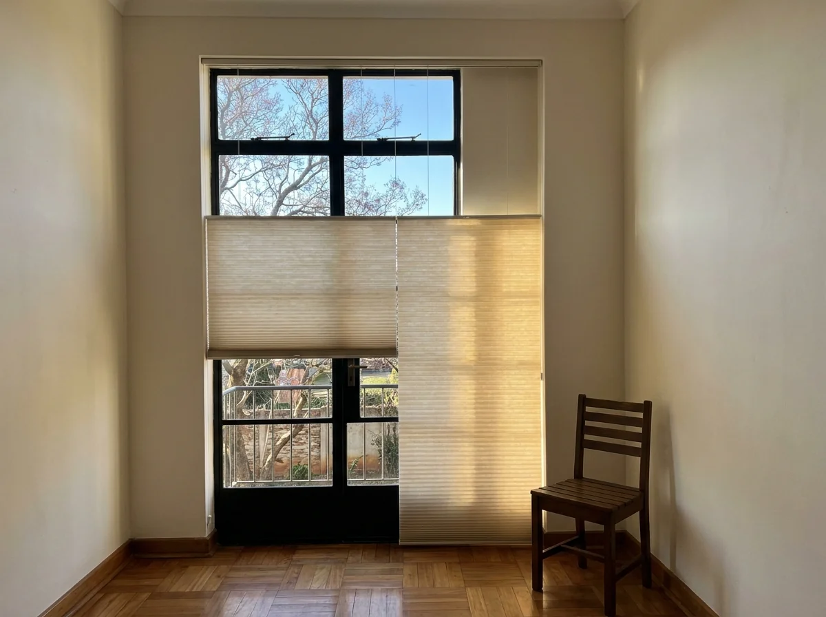 A cellular honeycomb blind half-drawn across a tall black steel-framed casement and door in an empty parquet-floored Houghton Estate room, bare winter jacaranda outside