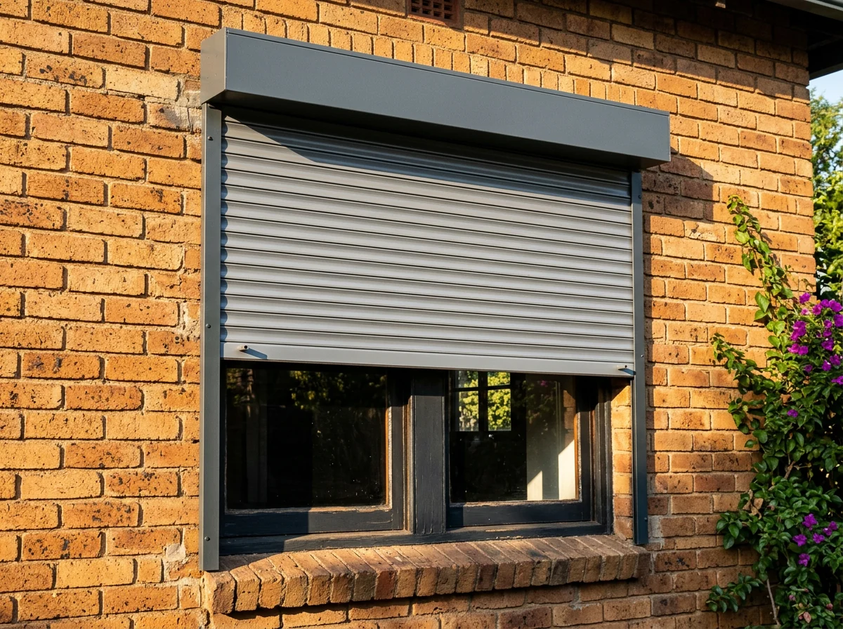 A pale external roller shutter part-lowered from its headbox down side guide channels over a window on a face-brick Houghton Estate cottage