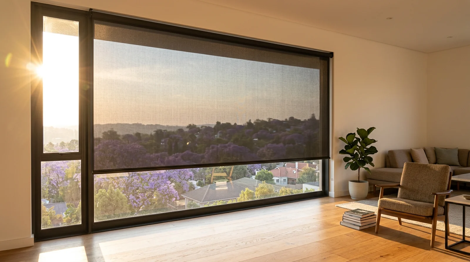 A sunscreen mesh roller blind run down over a wide west-facing window in a Houghton Estate living room, the jacaranda canopy and ridge rooftops still readable through the mesh at sundown