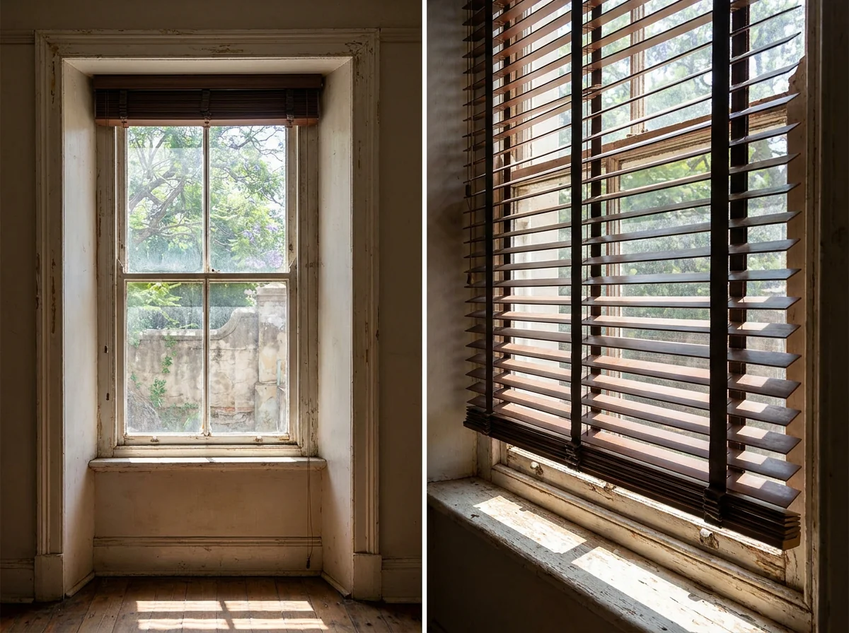 Dark timber venetian slats hung inside the reveal of an original sash window in an unrestored Houghton Estate room, paint flaking off the sill