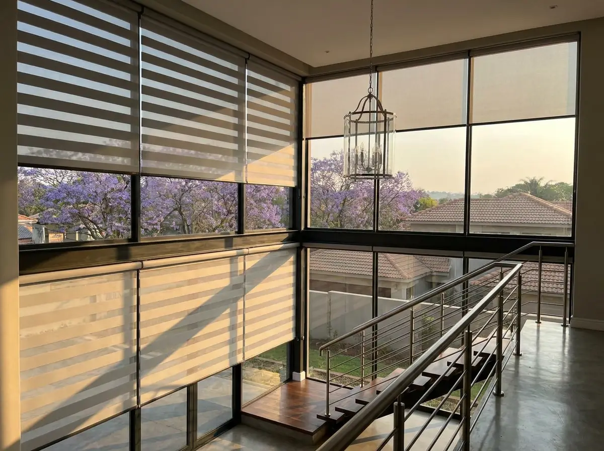 Motorised roller blinds lowered in unison across a double-volume stairwell wall of glass, jacaranda canopy beyond, in a Houghton Estate home