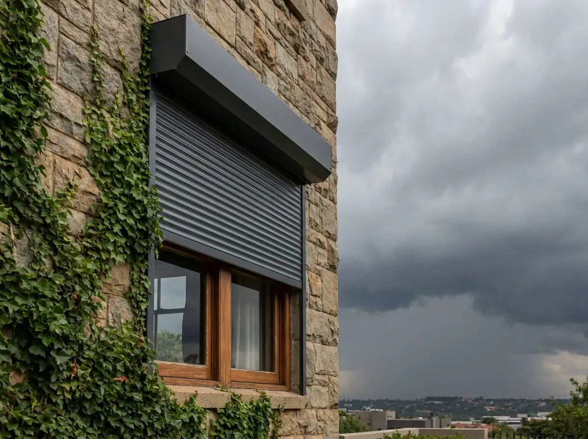 Motorised aluminium roller shutter half-closed in its guide channels over a timber-framed window on a stone Houghton Estate facade